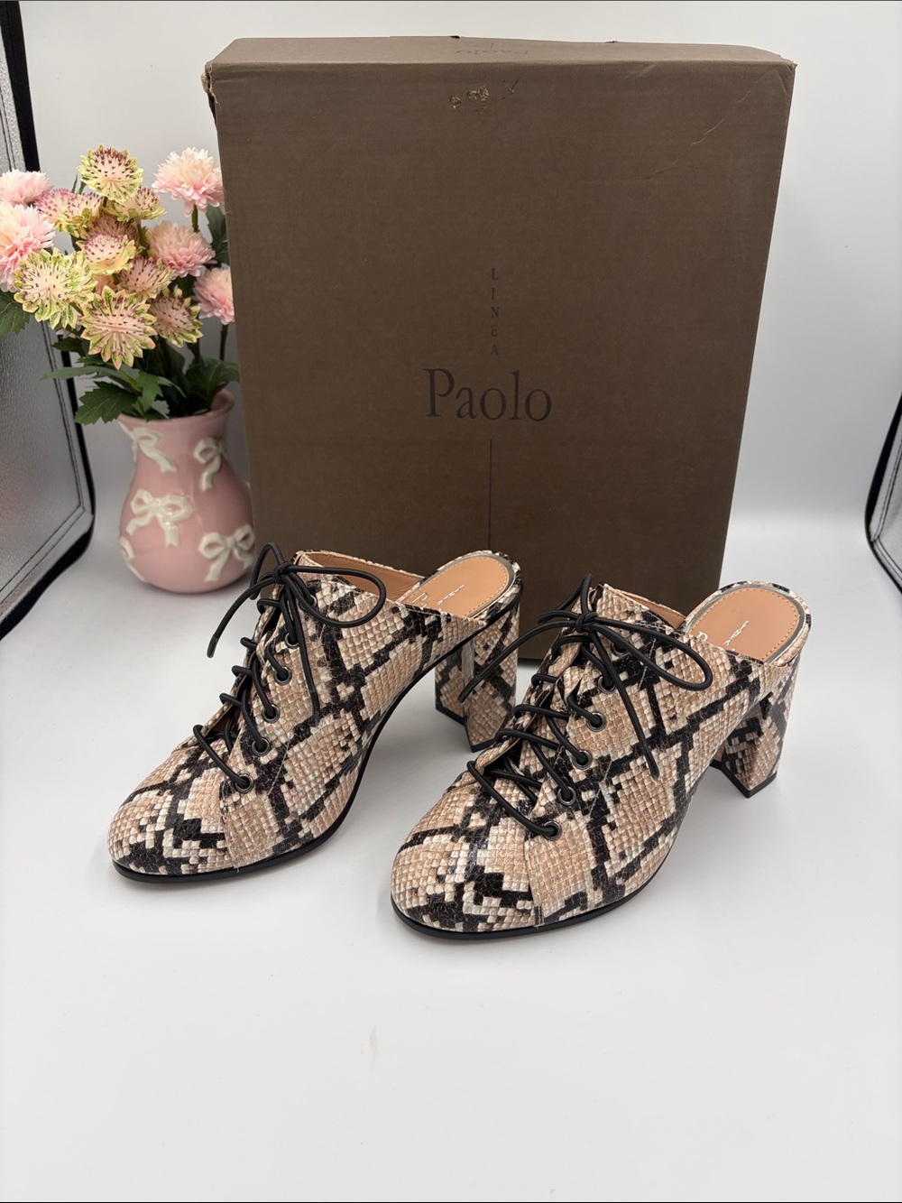 Paolo Beige & Black Snake-Print Lace-Up Block Heel Mules